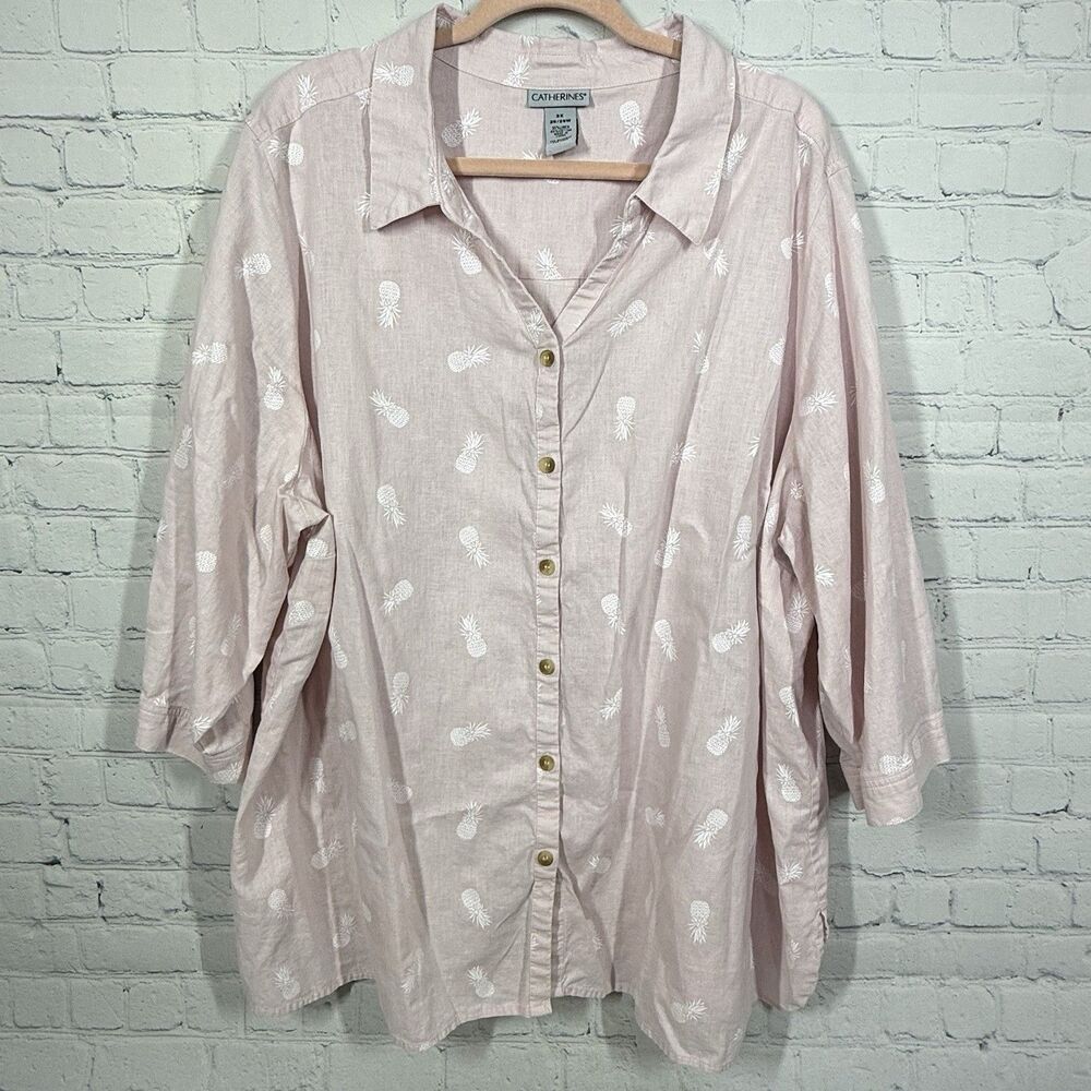 Catherine’s Tunic Women Plus 3x Relaxed Pink Linen Blend Roll Tab Sleeve Blouse
